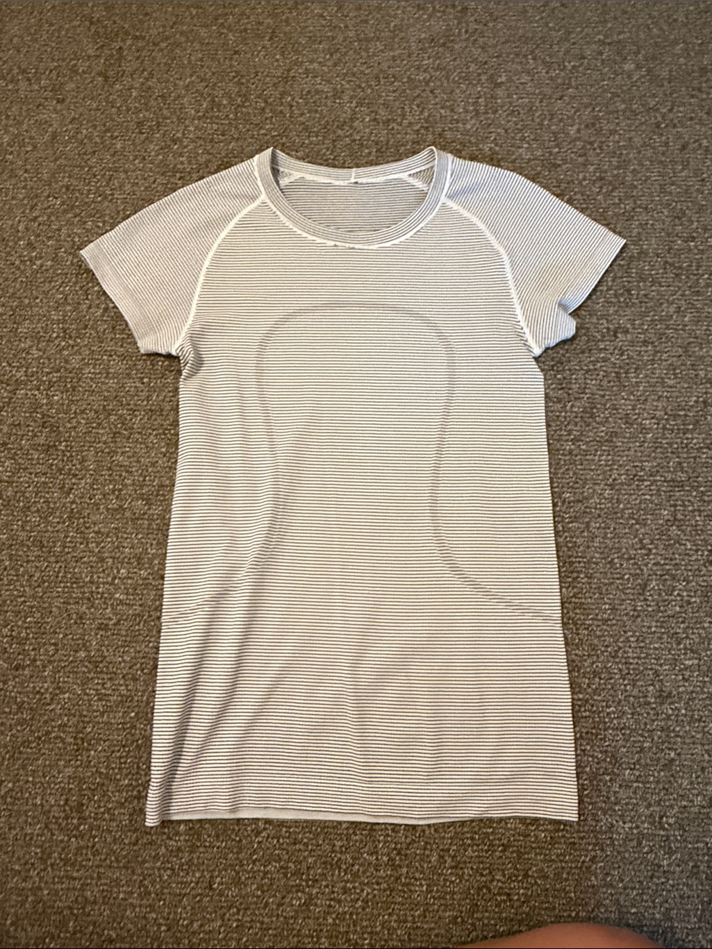 Lululemon Athletica White And Light Gray Striped Short Sleeve Tee